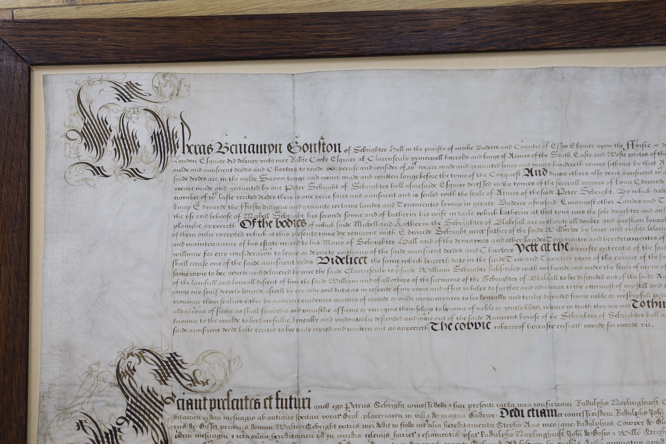 Two documents relating to a grant of arms to Edward Sebright of Blakeshall in Wolverley, Worcestershire, gentleman, April 1580